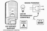Diagram of a light fixture with E27 socket support, LED or incandescent compatibility, and wiring diagram.